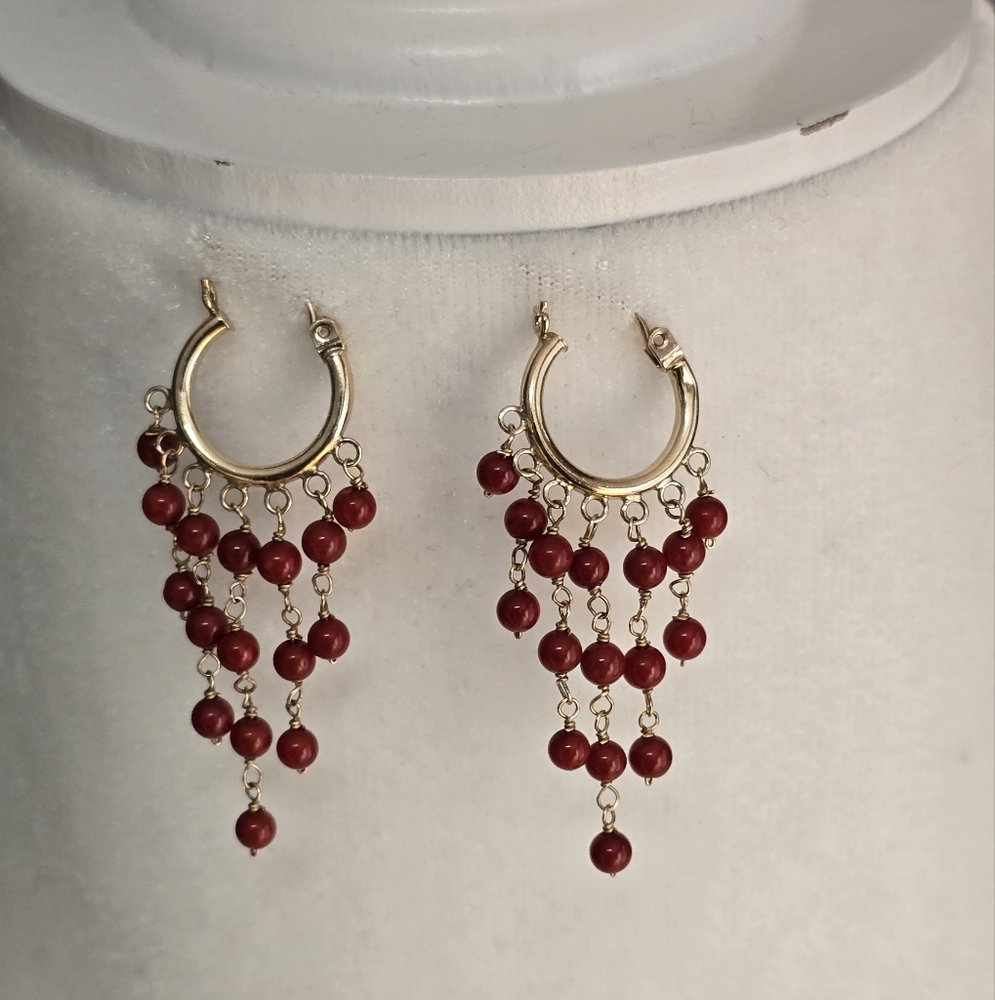 14k Red Coral 5-Line Drop Hoop Earring